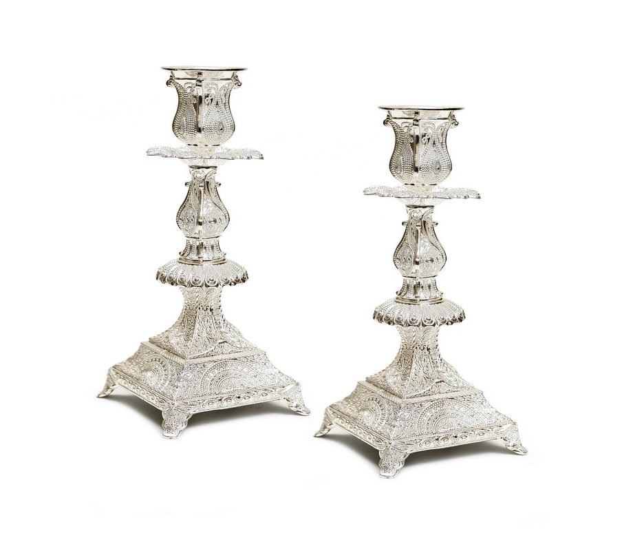 Shabbat Candlesticks, Silver Plated with Detailed Filigree Design – Height 7.4