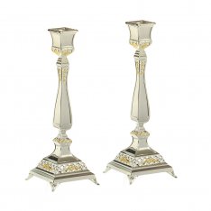 Shabbat Candlesticks, Silver Plated with Gold Decorative Elements - Height 9.8
