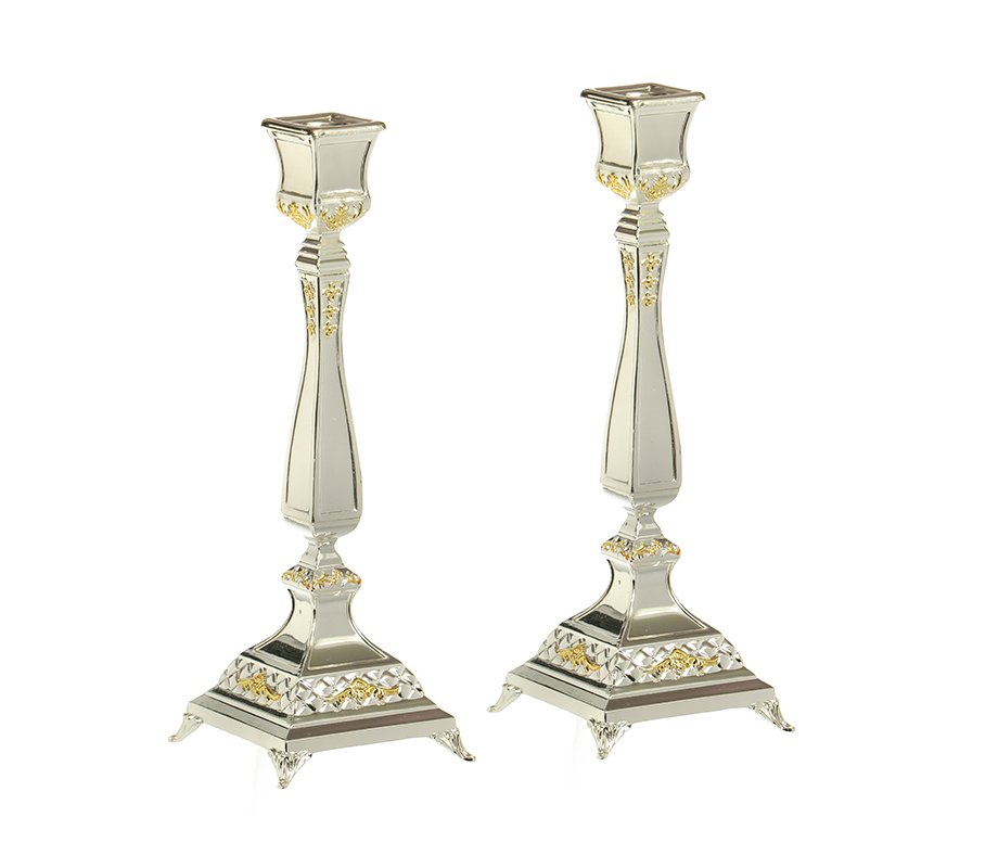 Shabbat Candlesticks, Silver Plated with Gold Decorative Elements - Height 9.8