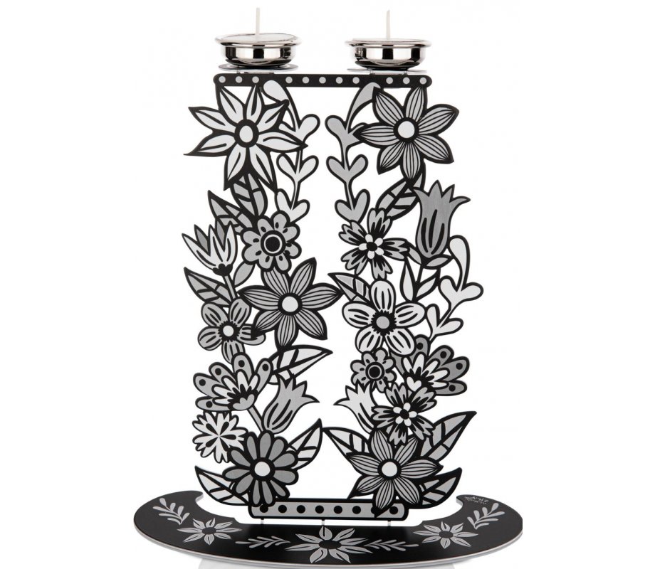 Shabbat Candlesticks, Tall Flowers and Leaves in Black, White & Gray - Dorit Judaica