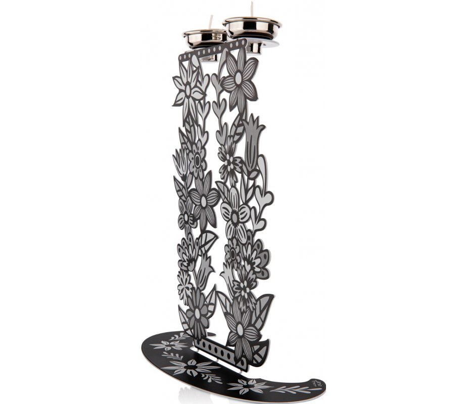 Shabbat Candlesticks, Tall Flowers and Leaves in Black, White & Gray - Dorit Judaica