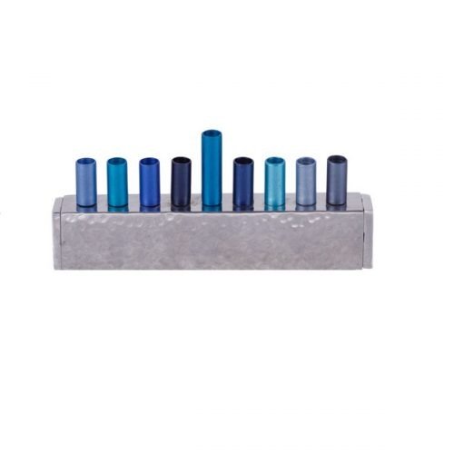 Shades of Blue Cylindrical Candle Holders on Hammered Aluminum Menorah - Yair Emanuel