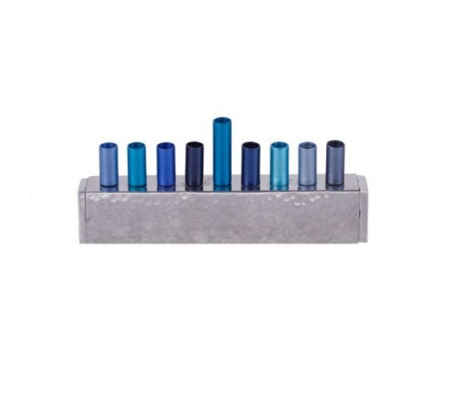Shades of Blue Cylindrical Candle Holders on Hammered Aluminum Menorah - Yair Emanuel