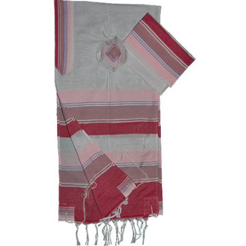 Shades of Pink Stripes Handwoven White Silk Prayer Shawl Tallit Set - Gabrieli
