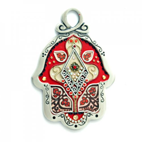 Shahaf Wall Hamsa in Red and Cream Flower Design