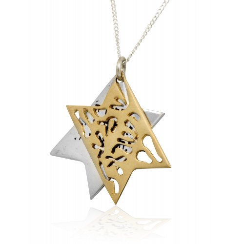 Shema Yisrael Star of David Two-Tone Pendant 9K Gold & Sterling Silver by HaAri Jewelry