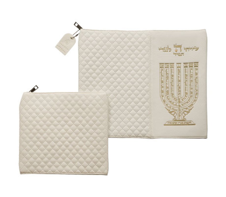 Shiviti and Menorah Image with Psalm 67 on White Faux Leather Tallit and Tefillin Bag