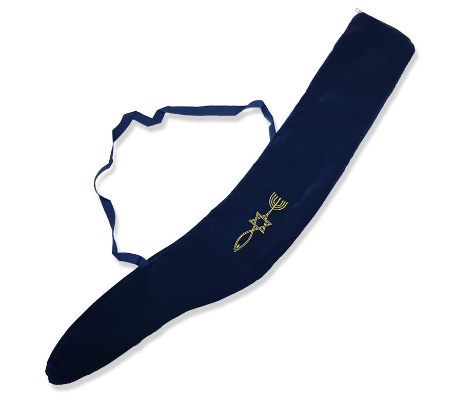 Shofar Bag Blue Velvet Embroidery of Symbols - For Yemenite Shofar 36 to 46 Inches