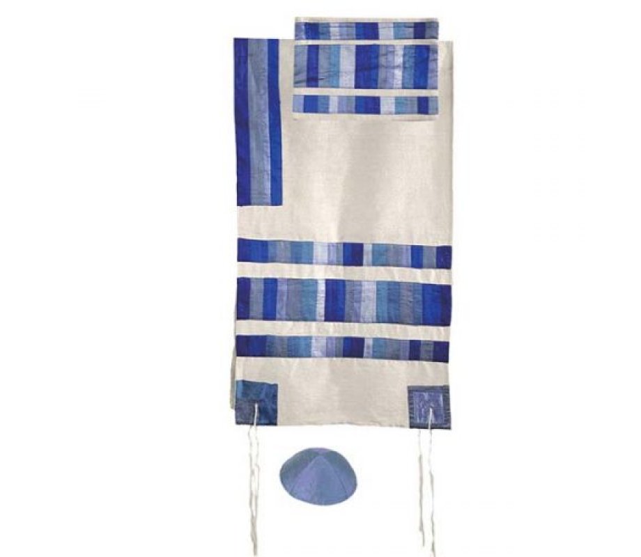 Silk Tallit Set with Embroidered Silk Appliques and Blue Stripes - Yair Emanuel