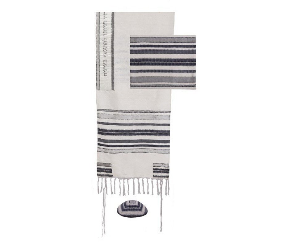 Silk-Cotton Tallit Set in Gray Stripes - Yair Emanuel
