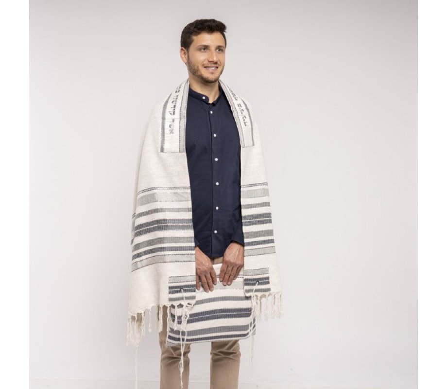 Silk-Cotton Tallit Set in Gray Stripes - Yair Emanuel