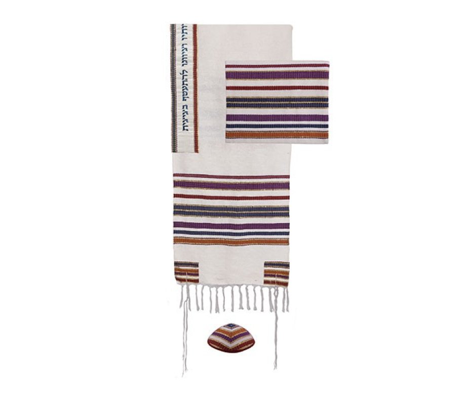 Silk-Cotton Tallit Set in Multicolor Stripes - Yair Emanuel