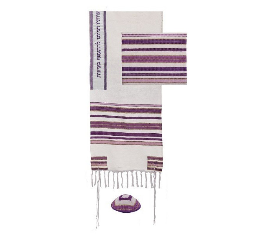 Silk-Cotton Tallit Set in Purple Stripes - Yair Emanuel
