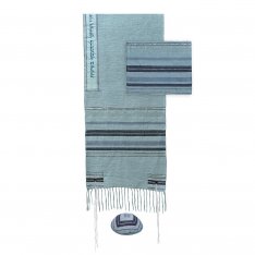 Silk-Cotton Tallit Set with Blue Stripes on Light Blue Background and Blessing on Atara
