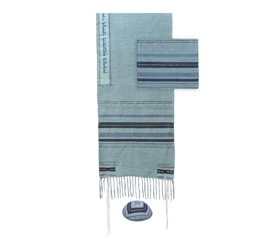 Silk-Cotton Tallit Set with Blue Stripes on Light Blue Background and Blessing on Atara