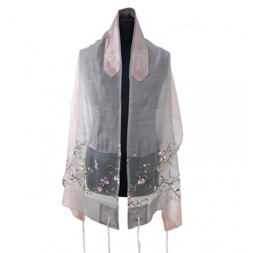 Silk-Wool Tallit Prayer Shawl Set, Pink Apple Blossom Design - Ronit Gur