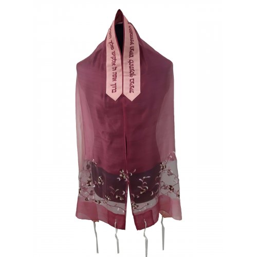 Silk-Wool Tallit Prayer Shawl Set with Pink Apple Blossom Panel, Maroon - Ronit Gur
