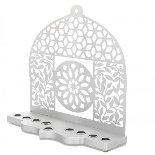 Silver Aluminum Chanukah Menorah, Leaves, Flowers and Mandala - Dorit Judaica