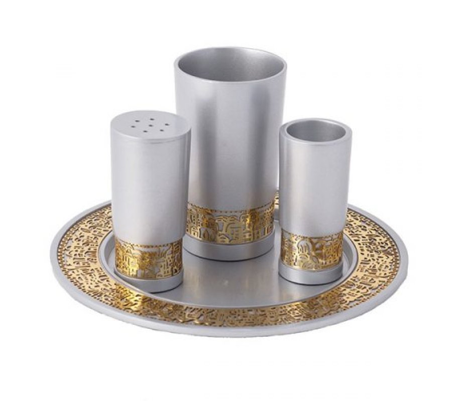 Silver Aluminum Havdalah Set with Gold Jerusalem Band - Yair Emanuel