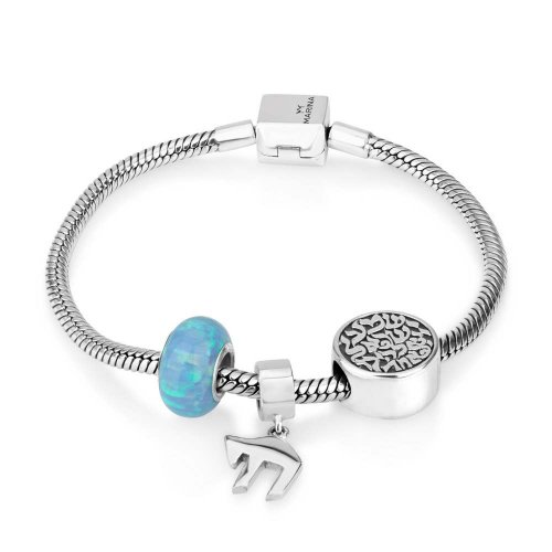 Silver Charm Bracelet with Chai, Opal and Shema