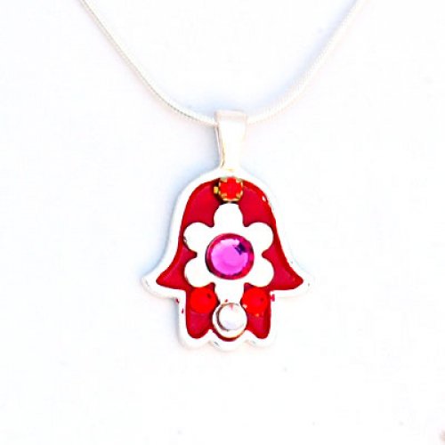Silver Flower in Hamsa Necklace by Ester Shahaf