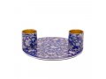 Silver Flowers on Blue Small Metal Candle Holders on Attached Tray - Yair Emanuel