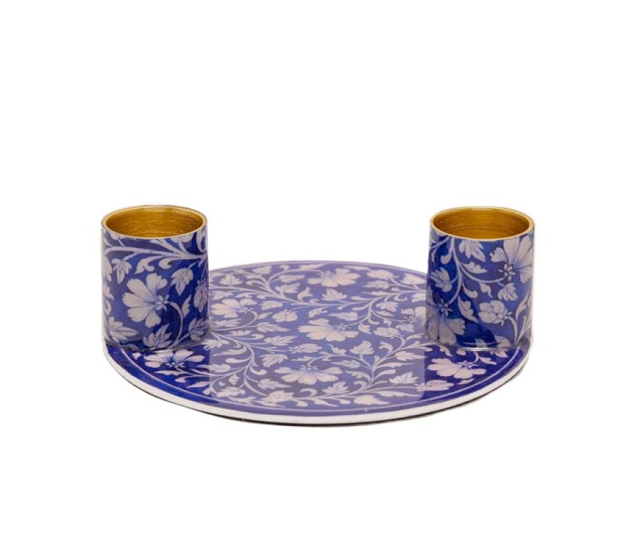 Silver Flowers on Blue Small Metal Candle Holders on Attached Tray - Yair Emanuel