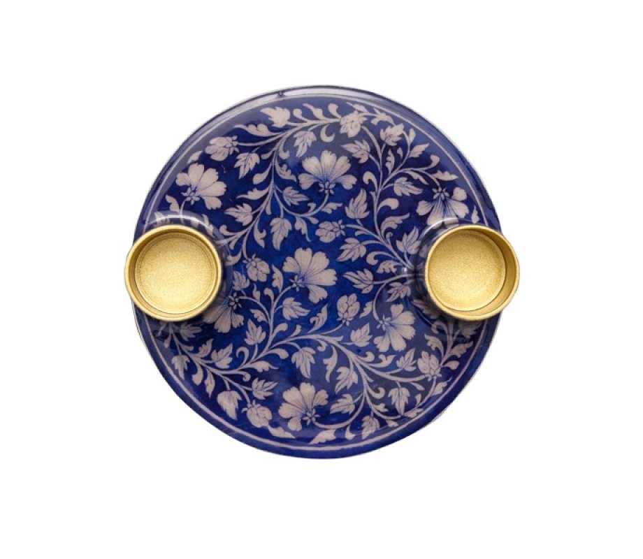 Silver Flowers on Blue Small Metal Candle Holders on Attached Tray - Yair Emanuel