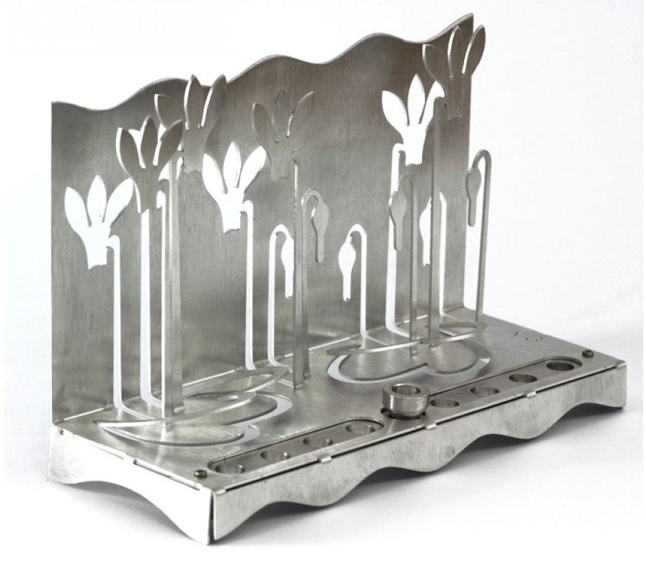 Silver Gray Aluminum Hanukkah Menorah Cyclamens - by Shraga Landesman