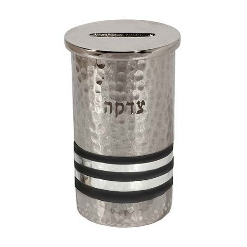 Silver Hammered Nickel Round Charity Box with Silver and Black Rings - Yair Emanuel