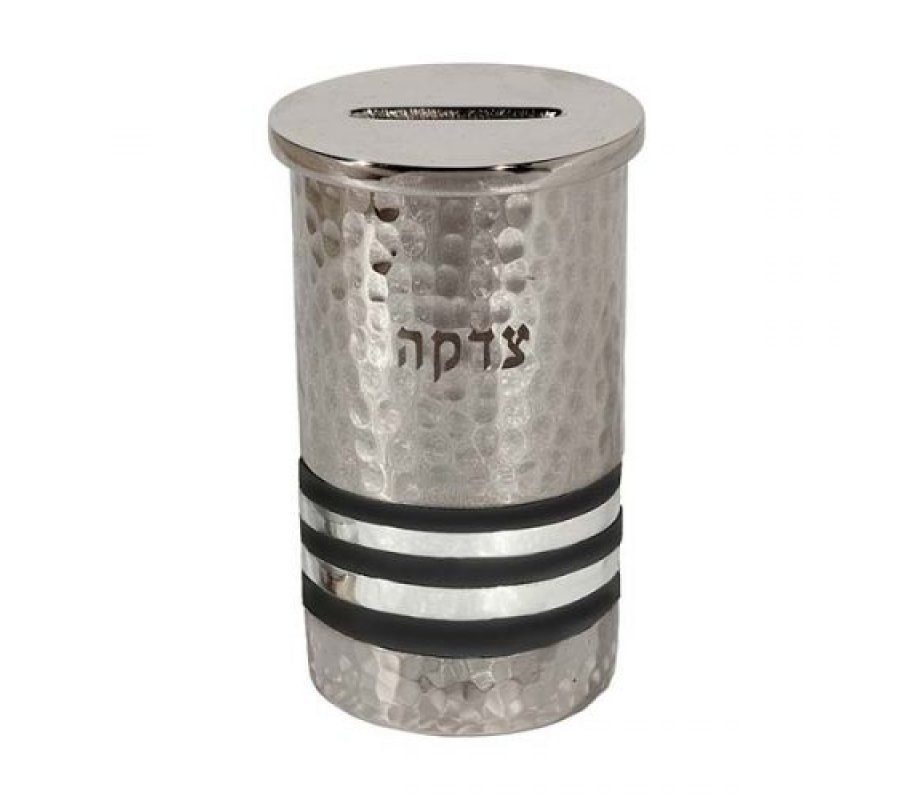 Silver Hammered Nickel Round Charity Box with Silver and Black Rings - Yair Emanuel