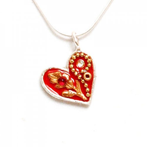 Silver Heart Necklace with Red Heart - Shahaf