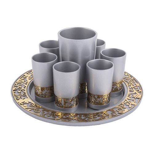 Silver Kiddush Cup Small cups and Tray, Gold Cutout Pomegranates Yair