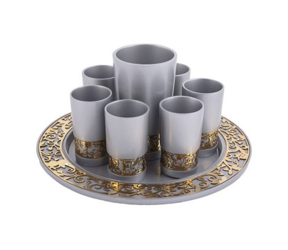 Silver Kiddush Cup Small cups and Tray, Gold Cutout Pomegranates - Yair Emanuel