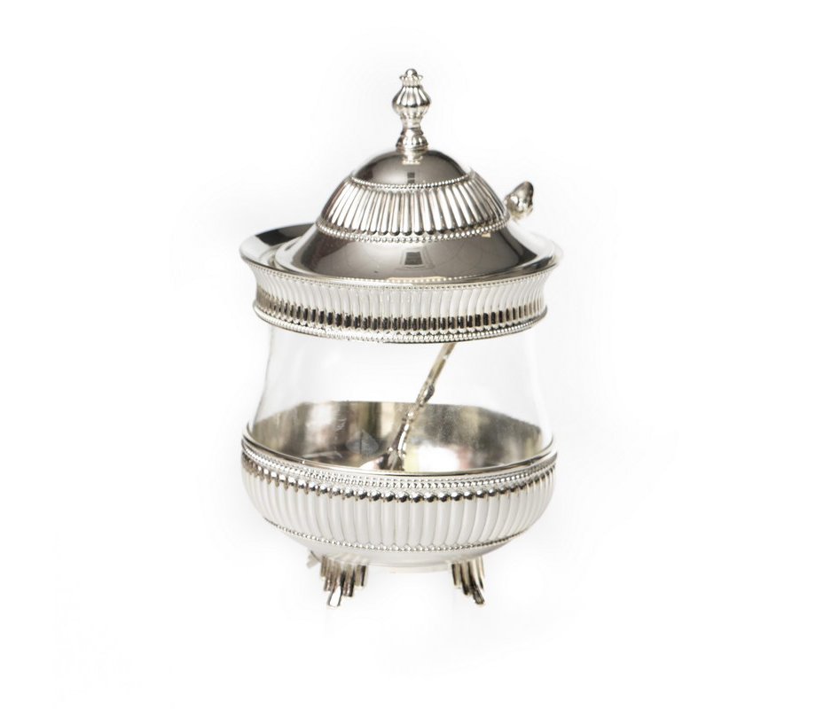 Silver Metal Honey Dish on Feet with Spoon and Lid - Stripe Design