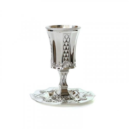 Silver Plate Kiddush Cup Set - Engraved Flowers and Diamonds
