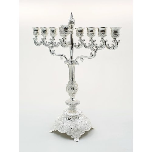 Silver Plated Hanukkah Menorah Filigree Design and Flame, Large - 15 Inches
