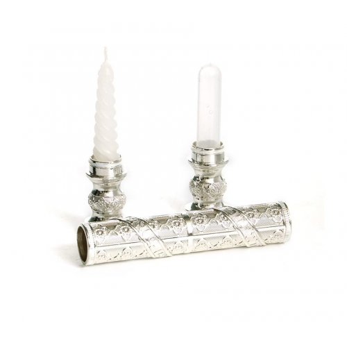 Silver Plated Havdalah Wand, Two Piece Havdalah Candle & Spice Holder - Floral Design