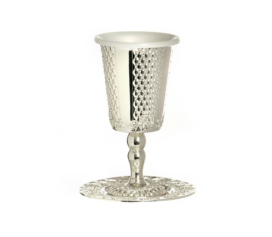 Silver Plated Kiddush Cup on Stem with Matching Plate - Diamond Design