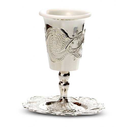 Silver Plated Kiddush Cup on Stem with Plastic Insert and Tray - Ornate Design