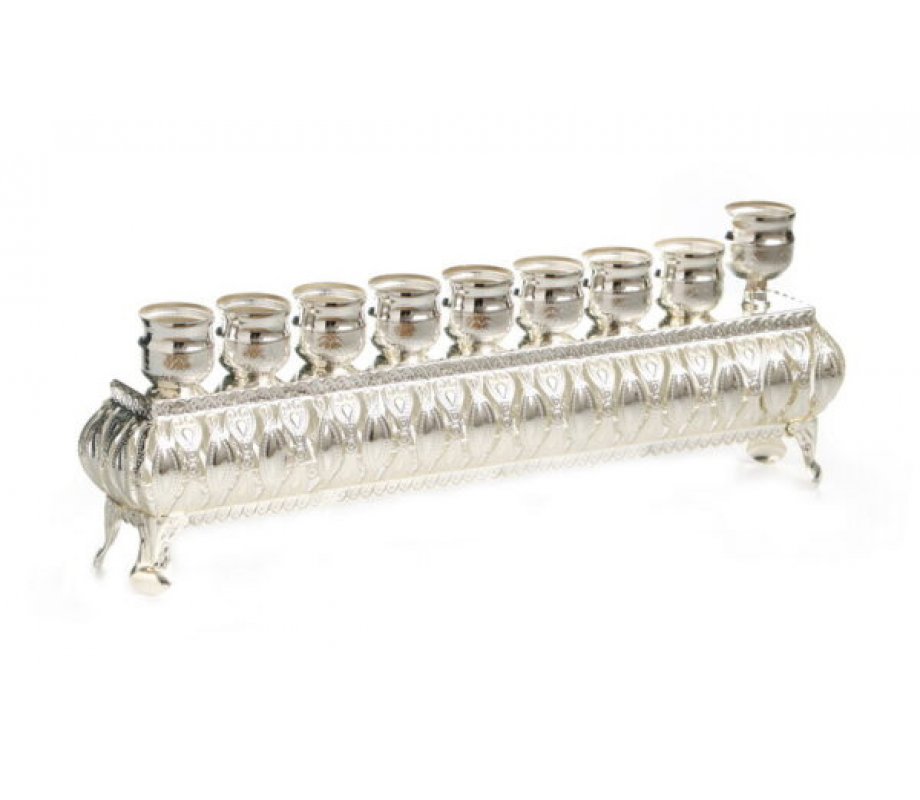 Silver Plated Raised Chanukah Menorah, Lights in a Row - Leaf Design