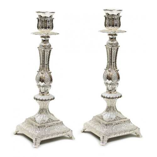 Silver Plated Shabbat Candlesticks with Filigree Design