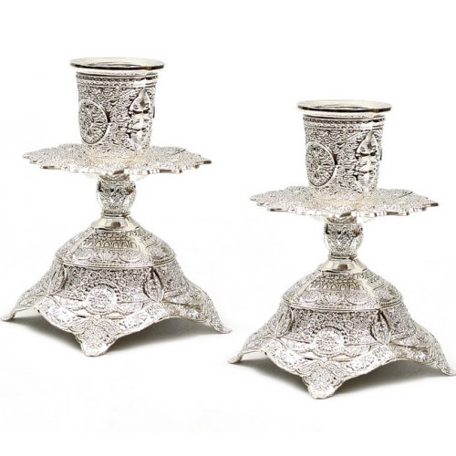 Silver Plated Shabbat Candlesticks with Filigree Design