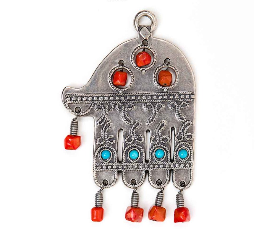 Silver Plated Wall Good Luck Hamsa, Colored Beads - Replica of Israel Museum Item