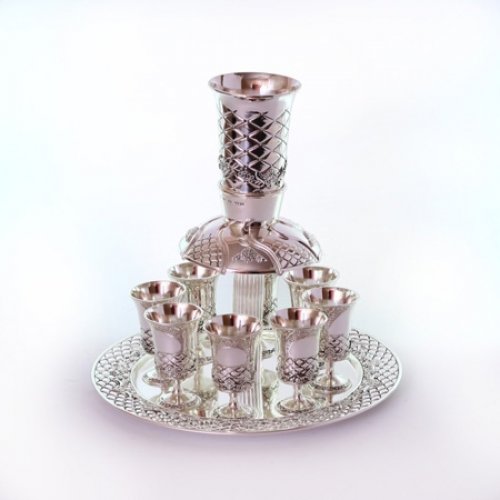 Silver Plated Wine Fountain, Tray with 8 Small Cups - Diamond Design