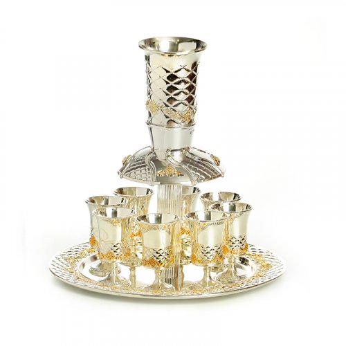 Silver Plated Wine Fountain with Decorative Gold Elements and 8 small Cups on Tray