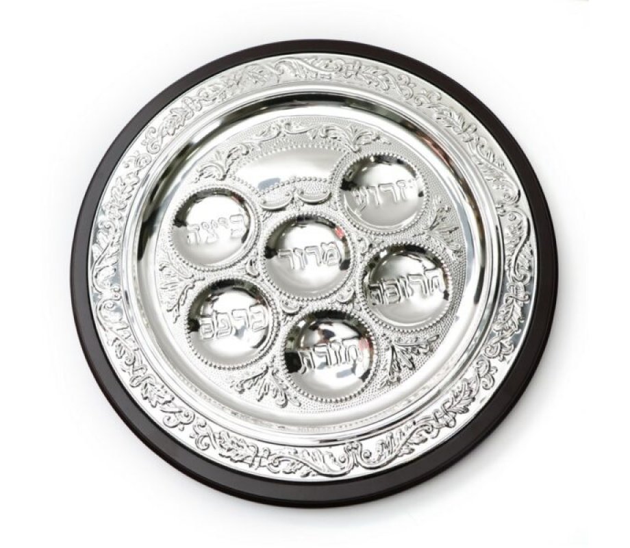 Silver Plated and Wood Passover Pesach Plate for Seder with Leaf Design