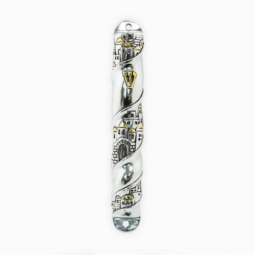 Silver Plated with Gold Accents Mezuzah Case  Curved Jerusalem Images