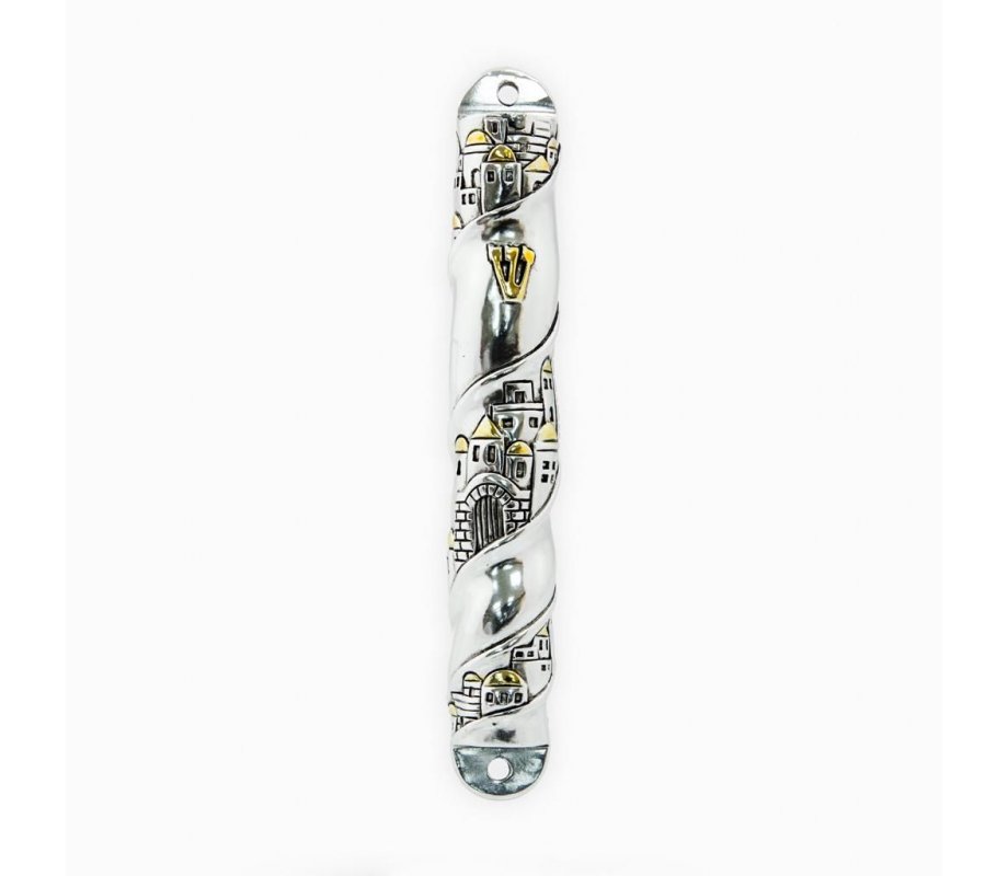 Silver Plated with Gold Accents Mezuzah Case – Curved Jerusalem Images