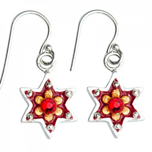 Silver Red Star of David Earrings - Ester Shahaf